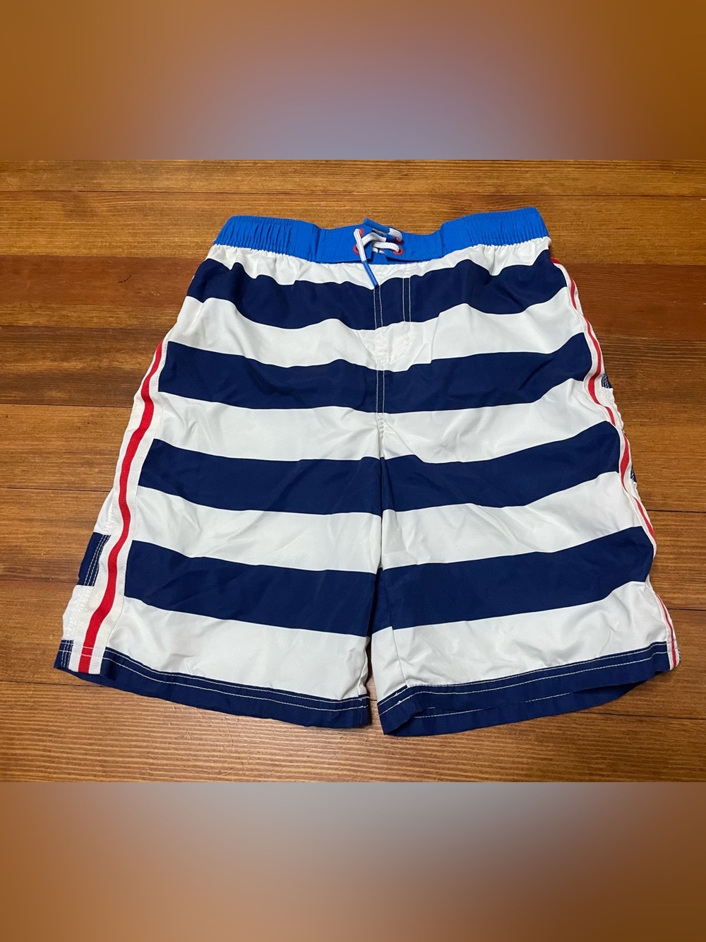 Mini Boden Navy, White & Red Striped Swim Trunks Size 13-14 Years